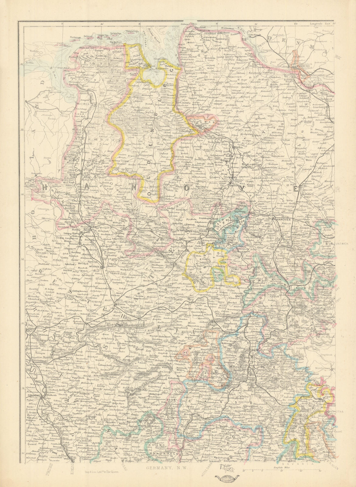 GERMANY NORTH WEST. Hanover Westphalia Oldenburg. Railways. JW LOWRY 1863 map